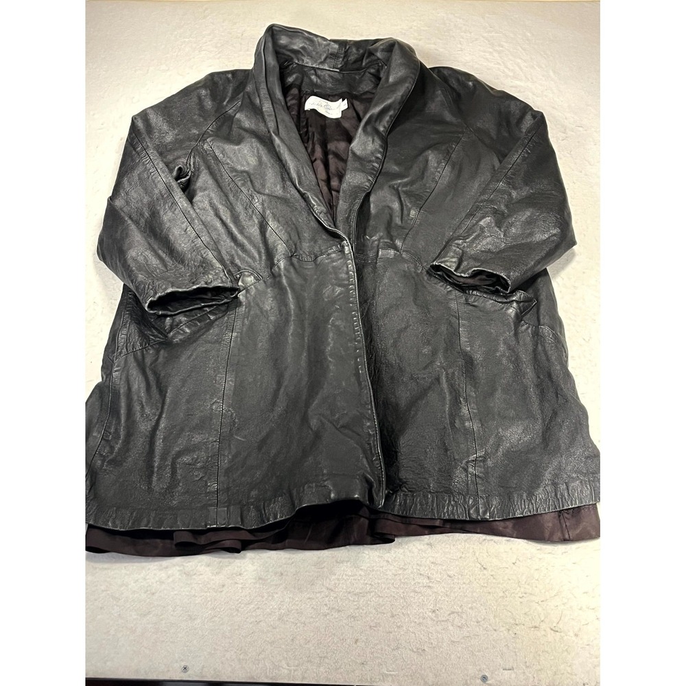 Vintage Peter Caruso Leather Long‎ Jacket Womens Large Black Shawl Collar Winter